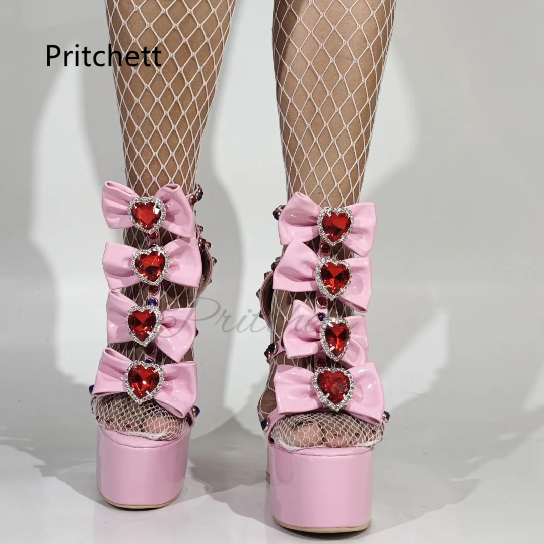 الوردي فراشة عقدة منصة الصنادل النساء الحلو جميل كريستال القلب البريدي كتلة عالية الكعب الجلود الكاحل حزام لوليتا الأحذية #3