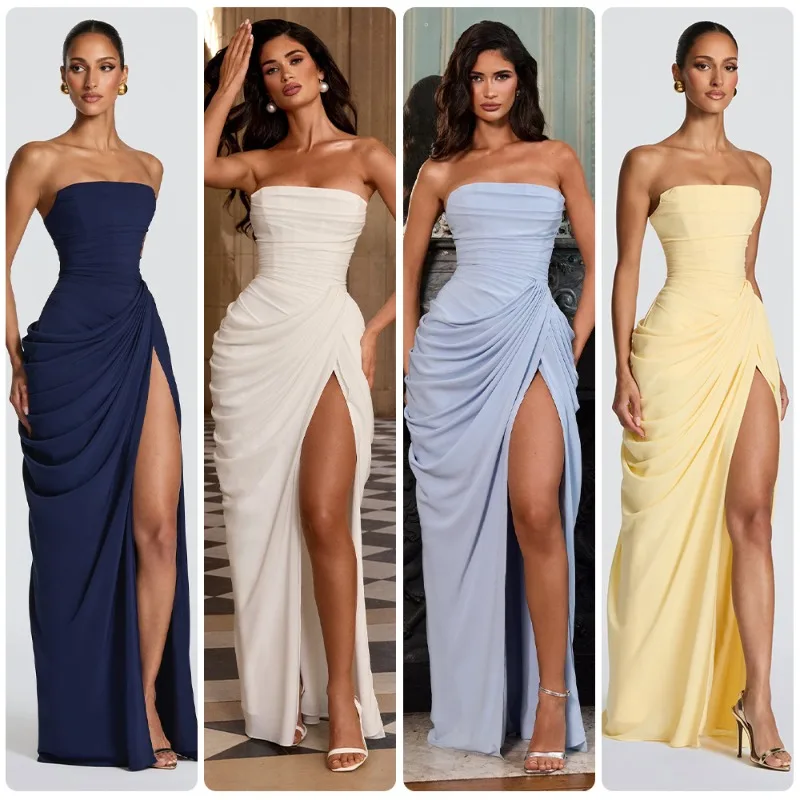 Trägerloses, gerafftes Maxikleid mit hohem Oberschenkelschlitz – elegantes formelles Kleid für Hochzeit, Abschlussball, Abendparty, romantische Robe, modisch
