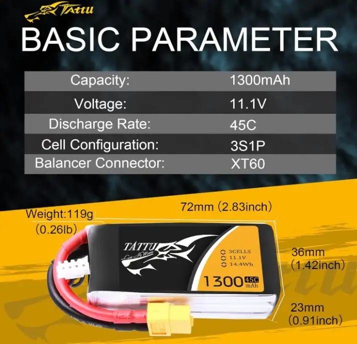 ACE Tattu LiPo แบตเตอรี่แพค1300mAh 45C 3S 11.1V พร้อมปลั๊ก XT60สำหรับ mobil RC เรือรถบรรทุก Heli เครื่องบินโดรน