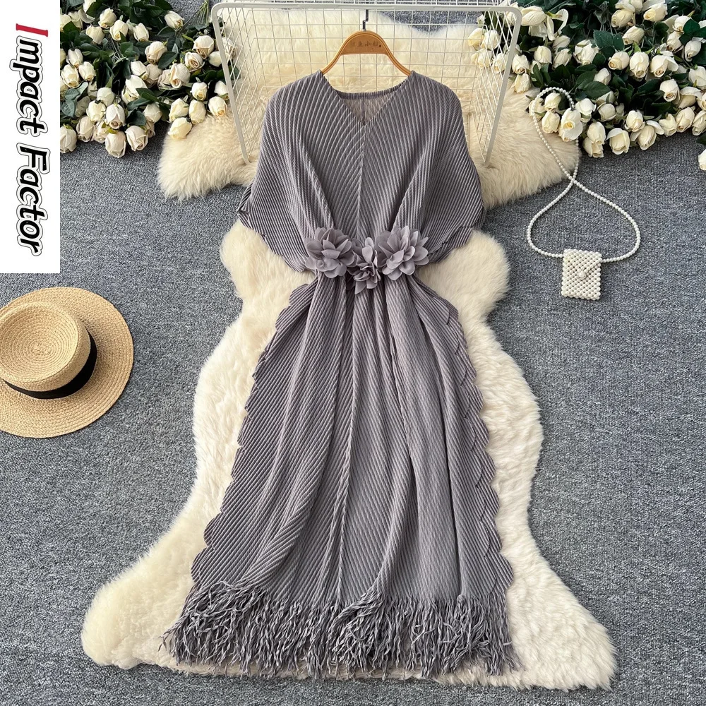 

Miyake Pleated Dress Pure Desire Autumn Waist Versatile Fringed Long Dress Temperament Commuter Women's Clothing