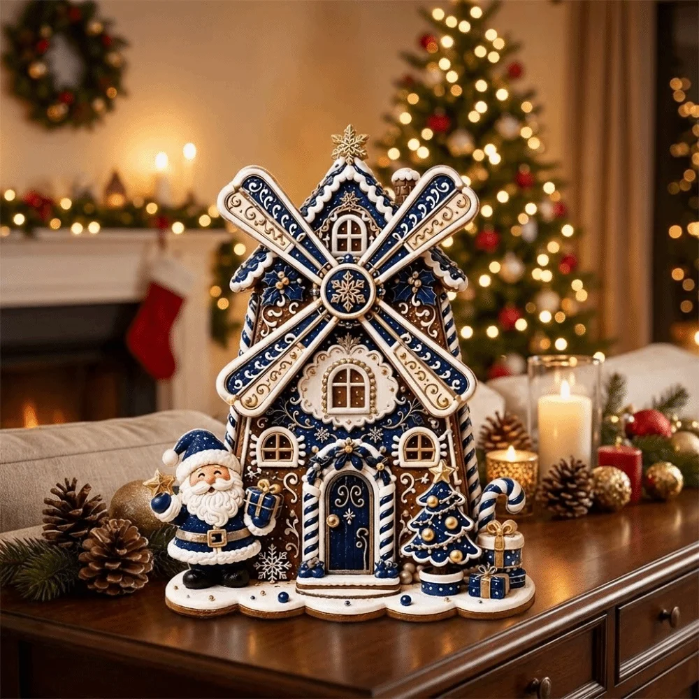 2D Flat Wooden Christmas Windmill House Ornament Multi‑Color Santa Claus Rotating Windmill Tabletop Decor Exquisite Freestanding