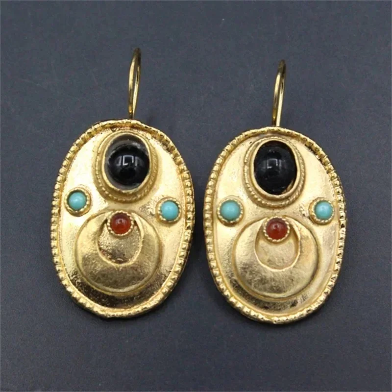 Ethnic Gold Color Oval Inlaid Red Blue Black Stone Earrings Vintage Metal Die Cast Pattern Hook Dangle Earrings