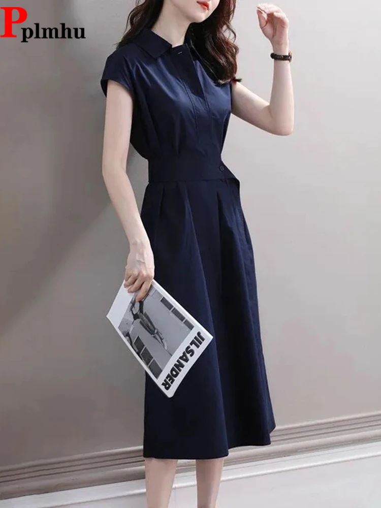 موضة الصيف فستان طويل أنيق المرأة قصيرة الأكمام رداء النمط الفرنسي سليم بولو طوق Vestidos 2024 شيك الأزرق الداكن Elbise