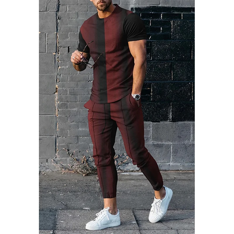 Summer Men\'s T-shirt Long Pants Tracksuit Geometry 3D Print T Shirts Trousers Set 2 Pieces Streetwear Oversized Suits Sportswear