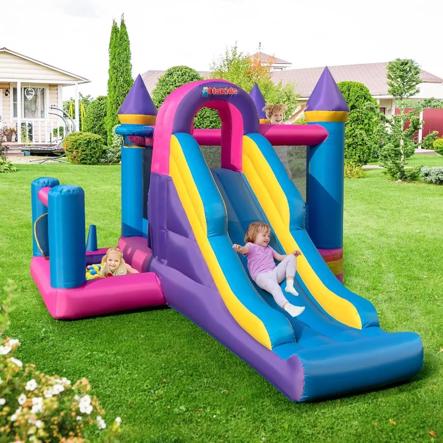 Casa de rebote inflable, castillo de salto rosa para niños con tobogán, pozo de pelotas, pared trepadora, con soplador de 680W, 50 Uds. De bolas oceánicas