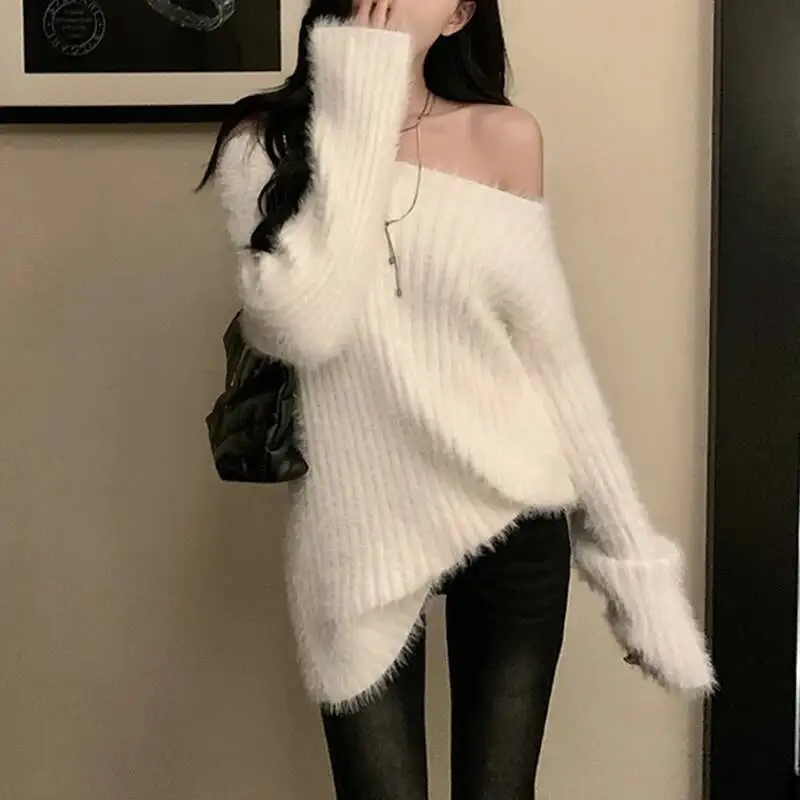 

Fuzzy Knit Sweater For Women Soft Fluffy Boat Neck Tunic Tops Fitted Rib-Knit Plain Jumper Female Autumn Winter Basic Outfit