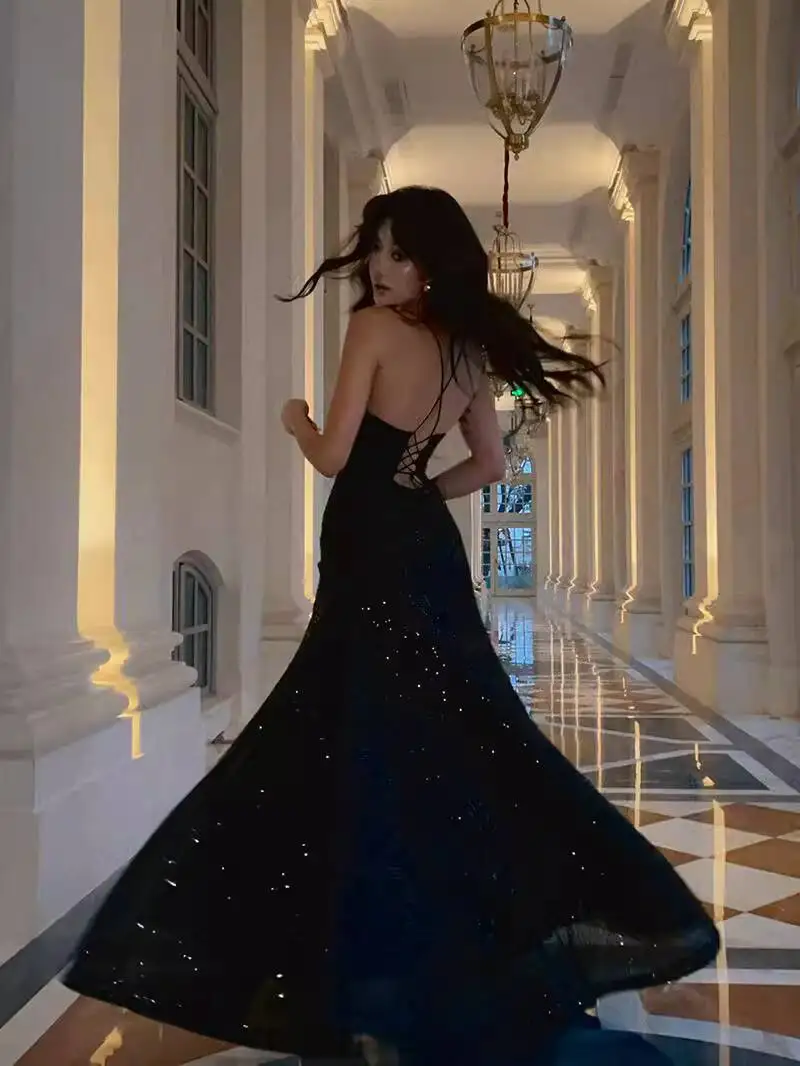 

"Shining Stone Night" Graduation Evening Dress Floor-Length Strap Sequin Dress Adult Ceremony