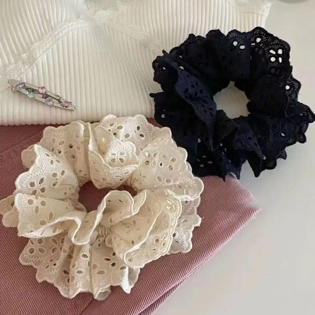 2PCS Handmade Hollow Lace Hair Scrunchies Elastic Hair Ties Women Girls Big Hair Bands Ponytail Holder Hair Rubber Bands