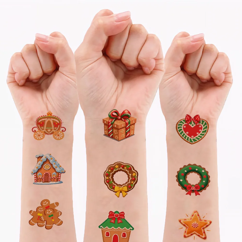 

54pcs Temporary Tattoo Gingerbread Man Temporary Tattoo Stickers Gingerbread House Christmas Stocking Cartoon For Arms Cheeks