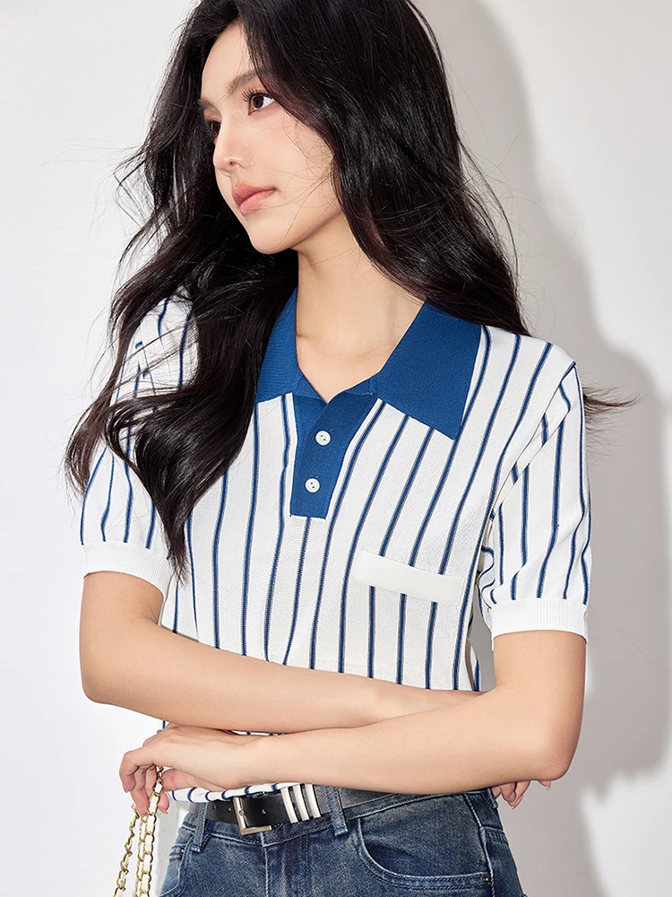 Women Summer Lapel T-Shirt Elegant Causal Short Sleeve T Shirt American Style Vintage Fashion Simple Striped Tops