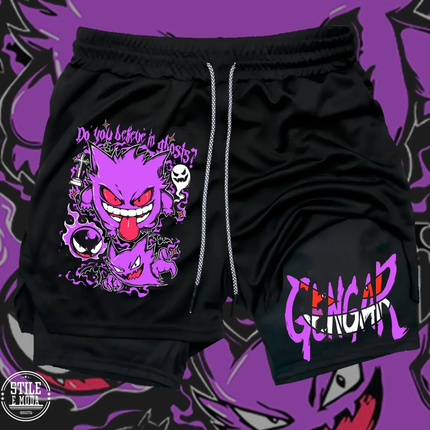 

2026 New Men's/Women's Pokemon Gengar "Do You Believe in Ghosts" 2-in-1 Sports Shorts, Quick Dry Breathable Gym Fitness Shorts