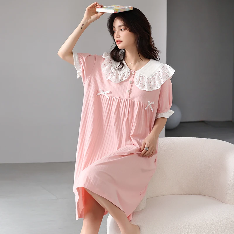 

Summer 2022 pure cotton women's pajamas solid color short-sleeved five-cent dress dress can be worn outside the home clothes