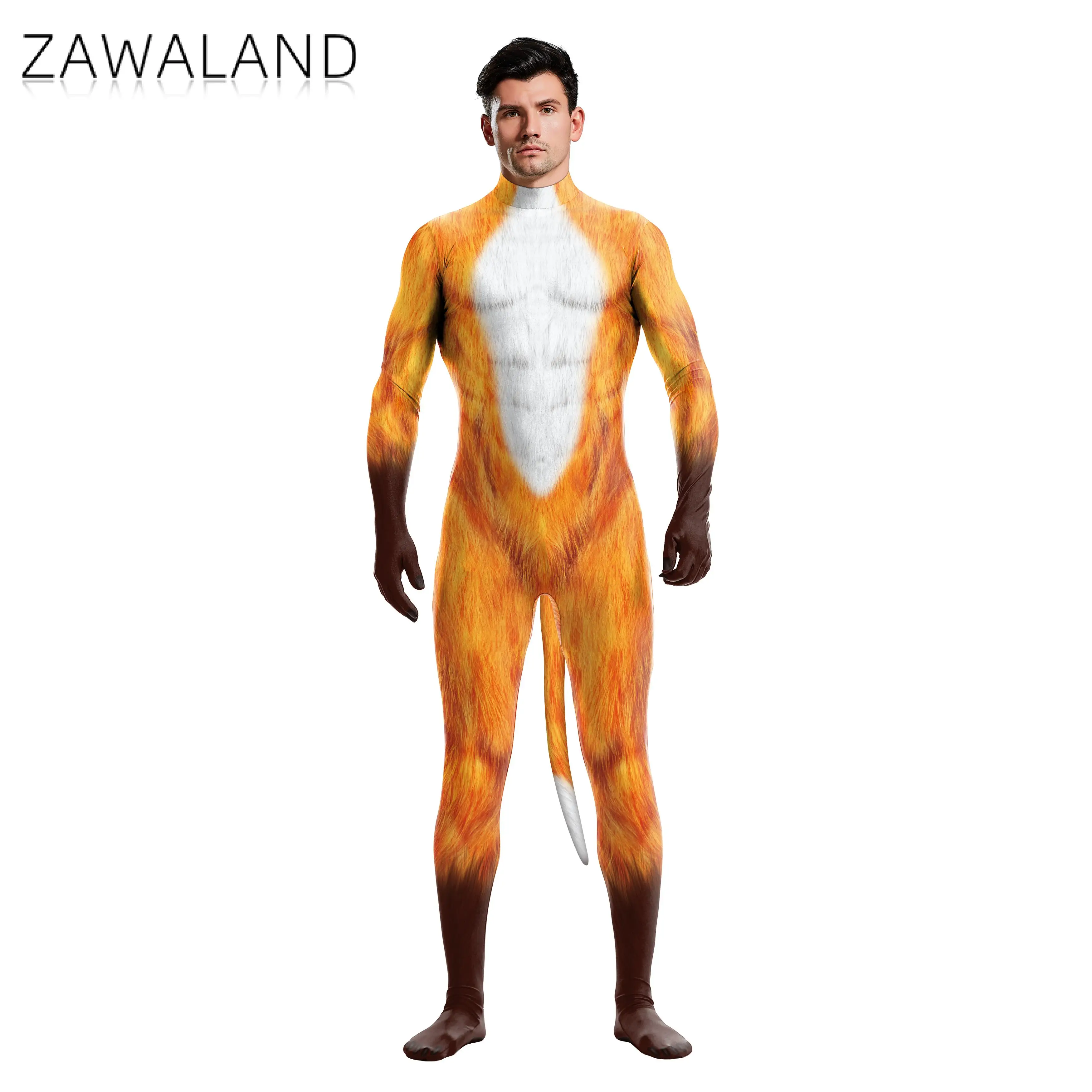 Zawaland Catsuits Zentai Women Man Bodysuits Animal Printed Fox with Tail Fancy Outfit Cosplay Costume For Party Adult Jumpsuit