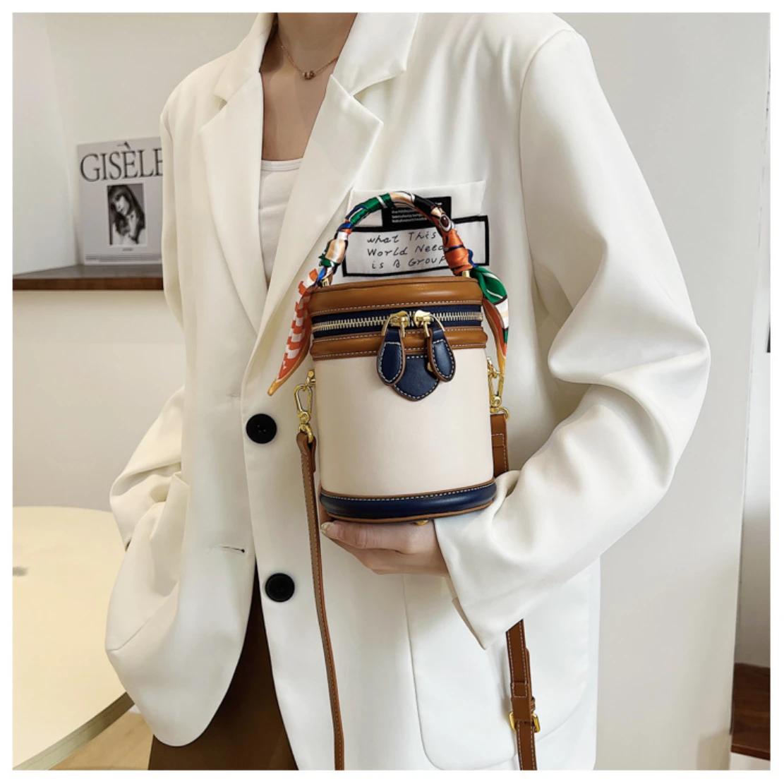 Bucket bag 2024 new handbag makeup bag fashion cylindrical bag shoulder bag crossbody bag