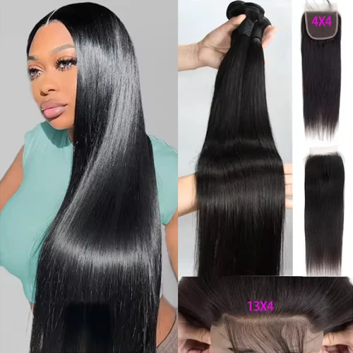 Imagen 1 del producto Mechones rectos de hueso indio crudo con cierre de encaje transparente HD 4X4 13x4 Frontal y mechones de cabello humano de 30 pulgadas doble trama