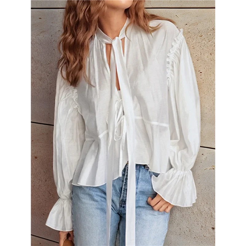 ASDS-Tie Front Tops Dames Peplum Top Lengte Mouw Uitgaan Tops Zomervakantie Blouse