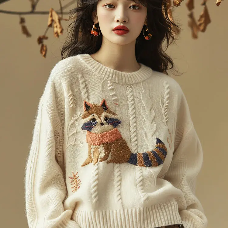 Свитер с круглым вырезом для тяжелой промышленности с вышивкой «Красная панда», женский осенне-зимний свитер 2025 года, новый мягкий восковой вязаный свитер высокого класса