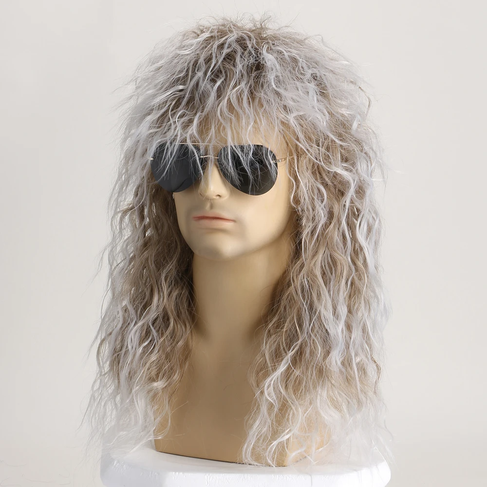70s 80s Rockstar Synthetic Wig for Men Silver and Brown Punk Fluffy Curvy Long Wigs for Halloween Party Mullet Wig Cosplay Rock