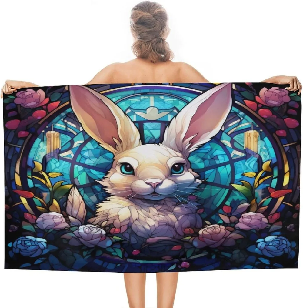 Stained Glass Easter Bunny Rabbit Beach Towels Colored Egg Bouquets Travel Towels for Gym Swim Beach Camping Pool