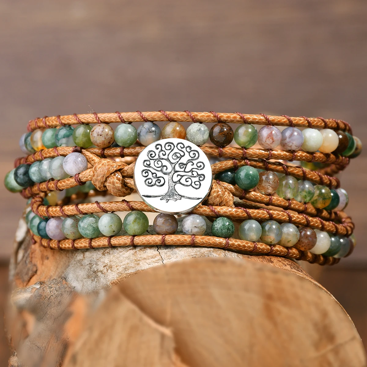 Yumfeel 1PC Multi-layer Wrapped Bracelet Boho Indian Agate 4mm Round Beads Handmade Braided Leather Rope Women Woven Bracelet - view 3