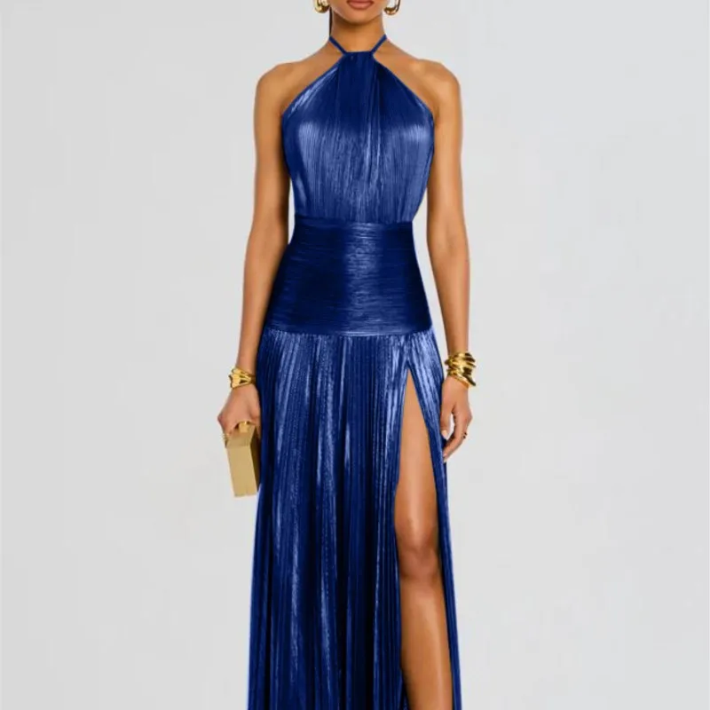 Frühling Herbst Elegante Cocktail Abendkleid Sexy Ärmelloses Gefaltetes Dünnes Hohes Schlitz Langen Rock Retro Einfarbig Party Vestido
