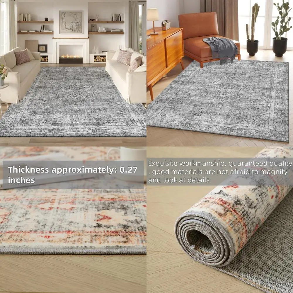 

Area Rug 8x10 Gray Large Living Room,Machine Washable Rug,Stain Resistant Soft Thin Carpet,Boho Vintage Home Decor,Indoor Non-Sl