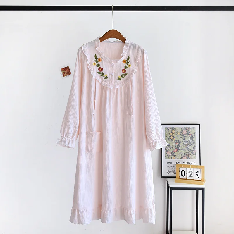 Embroidery V-Neck Maternity Clothes Breastfeeding Nightgowns Nursing Sleepwear Spring Autumn New Loose Pregnancy Dresses