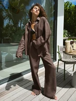 Bornladies Cotton Casual Pants Sets Women's Solid Color Cozy Lapel Long Sleeve Shirt Summer Outfit Elastic Waist Pants Suits - Image 4
