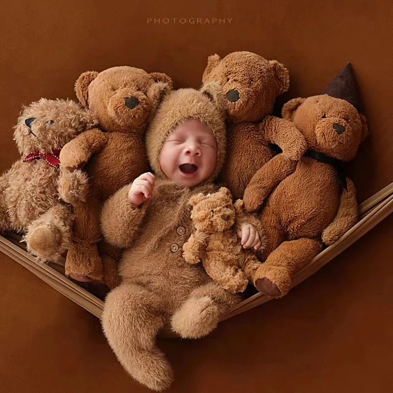 Urso Orelha Chapéu e Macacão Conjunto para Fotografia Recém-nascida, Roupas Boneca Ursos Boneca, Infantil Foto Tiro Props, Wraps Outfits