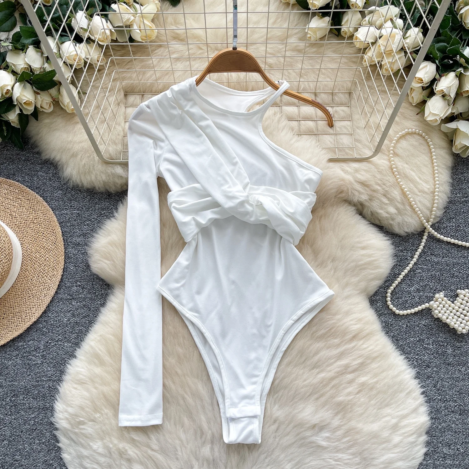 

Clothland Women Sexy White Long Sleeve Bodysuits Cut Out One Sleeve Slim Shirt Female Chic Fashion Tops Mujer KA511