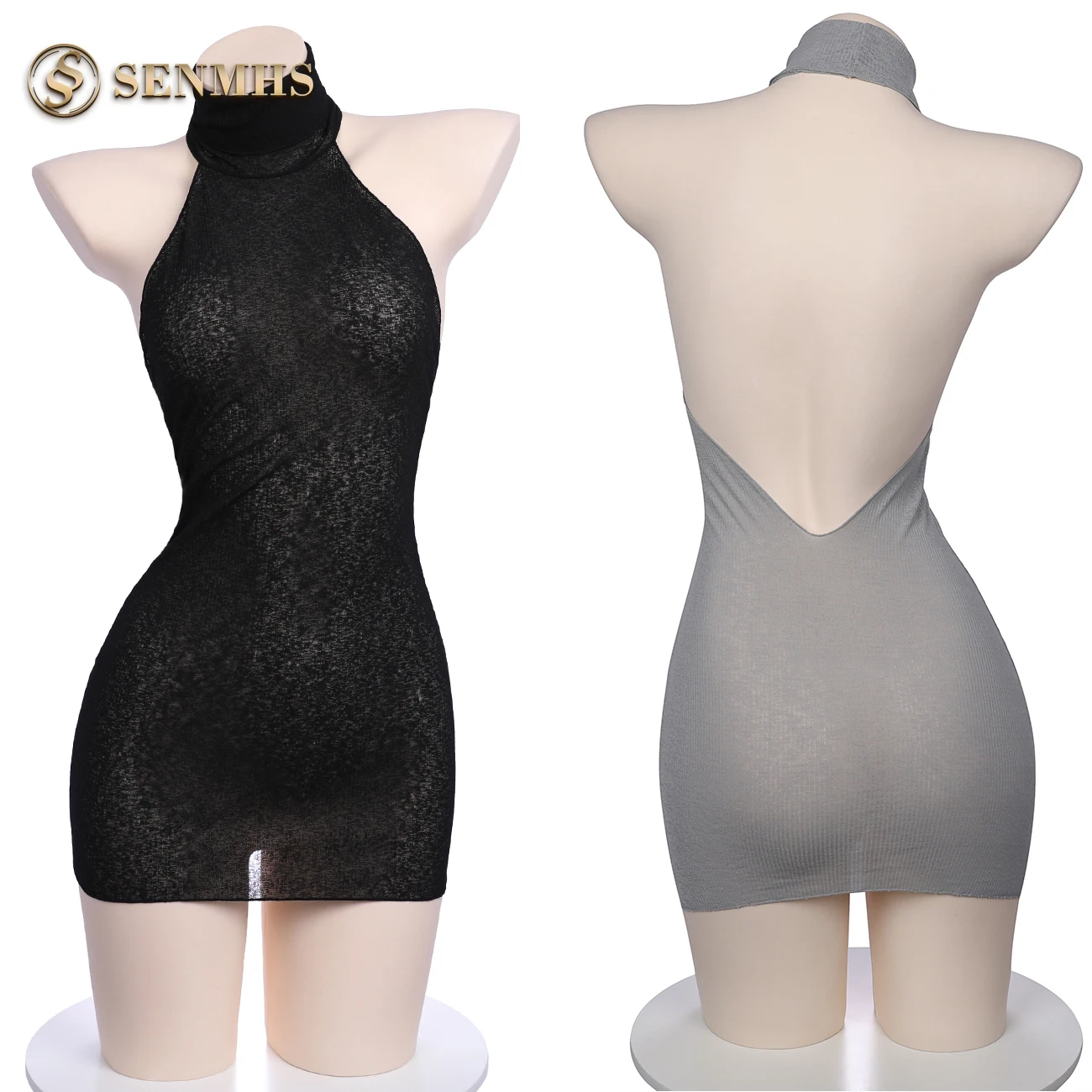 SENMHS Sexy Open Chest  Knit Backless Passion Erotic Lingerie For Women One-Piece Cosplay Hollow Sweater Sleeveless Gray Black