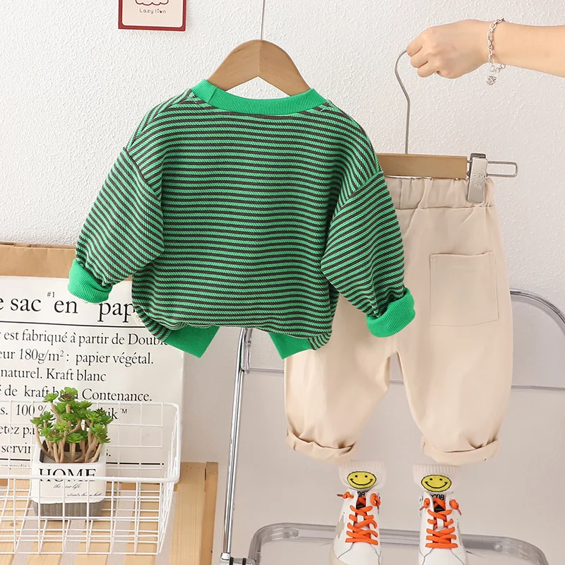 Baby Boys Outfit Set Warm Cloths for Baby Boy Casual Cartoon Striped Pullover Long Sleeve T-shirts and Pants Childrens Clothing