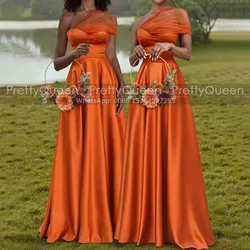 Customized A Line Bridesmaid Dresses Orange Sheer Tulle One Shoulder Capped Sleeves Cheap Long Wedding Party Dress Maid Of Honor