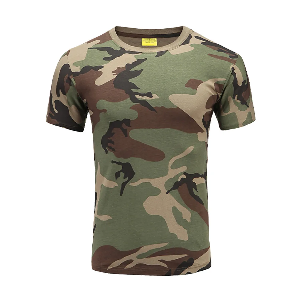 Camiseta de algodón de camuflaje, uniforme de entrenamiento transpirable de media manga física de verano para fanáticos militares, camiseta táctica de cuello redondo