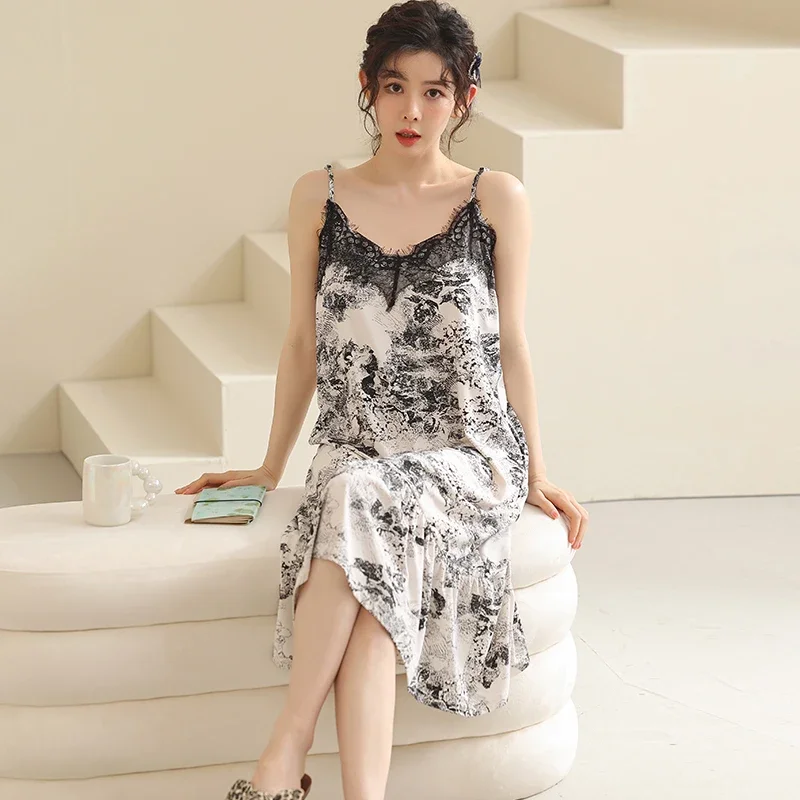 Flower Printing Lovely Nigh Dress Women Plus Size Ruffle Hem V Neck Summer Leisure Night Wear Lingerie Women Comisolas 2023 New