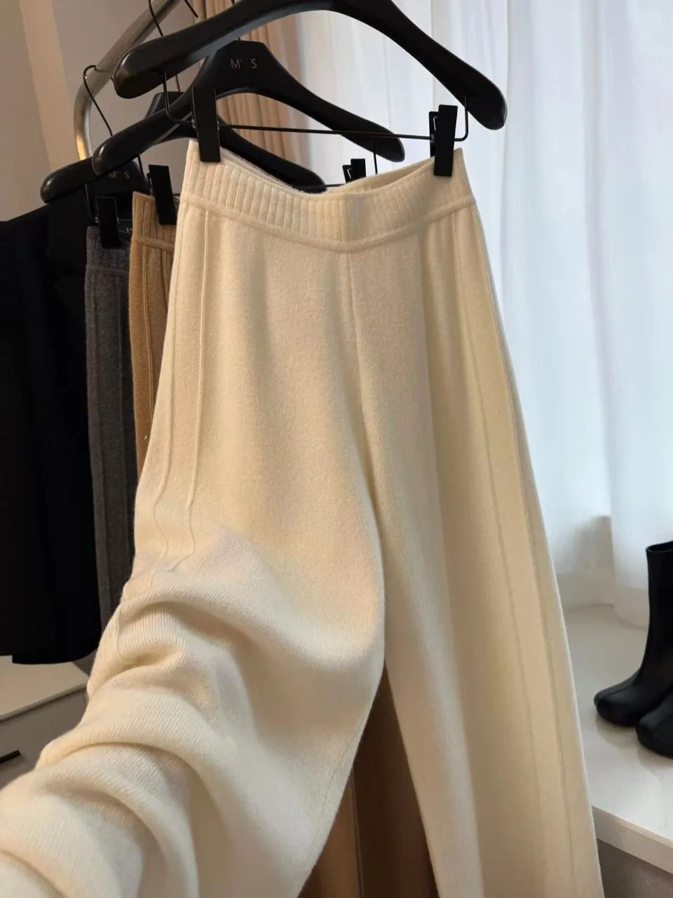 여성용 하이웨이스트 니트 와이드 레그 팬츠 가을 겨울 캐주얼 스트레이트 컷 다용도 루즈핏 보온 바지