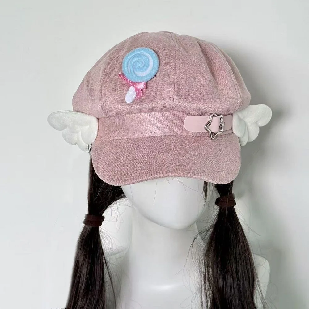 

Ins-style Handmade Water Color Lollipop Leather Buckle Angel Wings Beret Sweet Lolita Girl Octagonal Hat Painter Hat