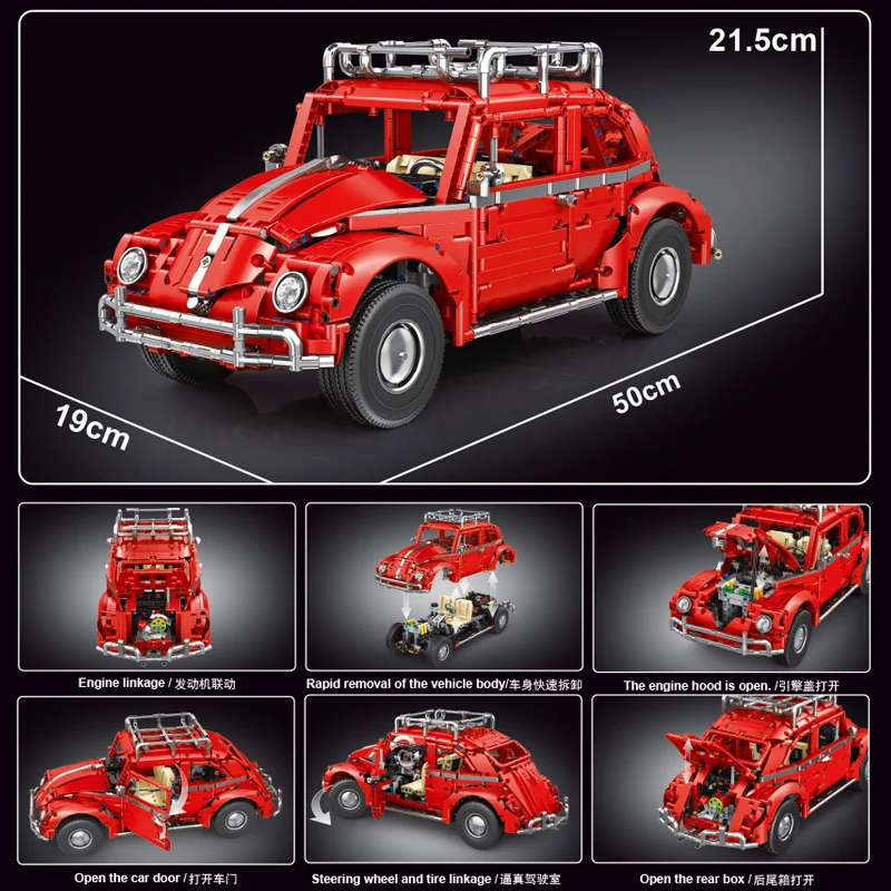 IN STOCK T5049 MOC Technical 1:10 RC Retro Beetle Sports Car Building Blocks Bricks Assembling Toys for Boys Christmas Gift Set