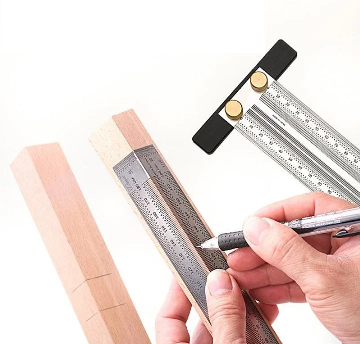 الفولاذ المقاوم للصدأ T نوع ثقب حاكم يخط قياس أداة وسم النجارة مع قلم رصاص آلي 300mm