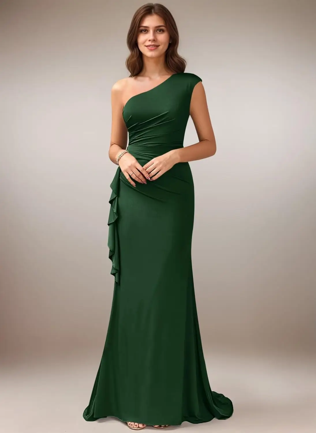 

One Shoulder Mermaid Prom Dresses for Women Ruched Satin Bridesmaid Gowns Long Ruffle Formal Evening Party Gown