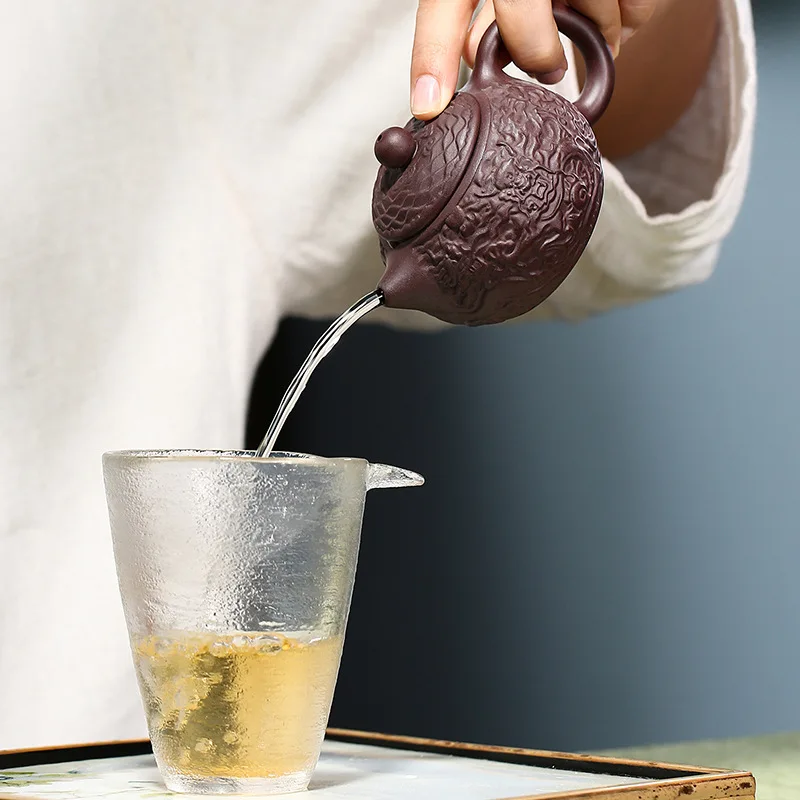 2026 Yixing Purple Clay Purple Xianglong Xishi pot embossed tea set purple sand teapot Yixing handmade teapot - view 4