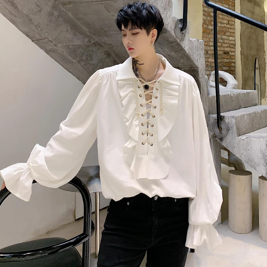 Men Vintage Gothic Shirt Palace Flare Long Sleeves Ruffle Medieval Blouse Lace Up Punk Tops Victoria Court Party Prom Blouse