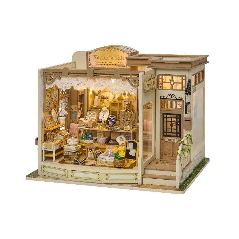 IIECREATE 2026 Nueva Casa de Muñecas de Madera, Tienda de Joyería, Casa en Miniatura, Rompecabezas 3D de Madera DIY, K-1086, El Cuento de la Vitrina