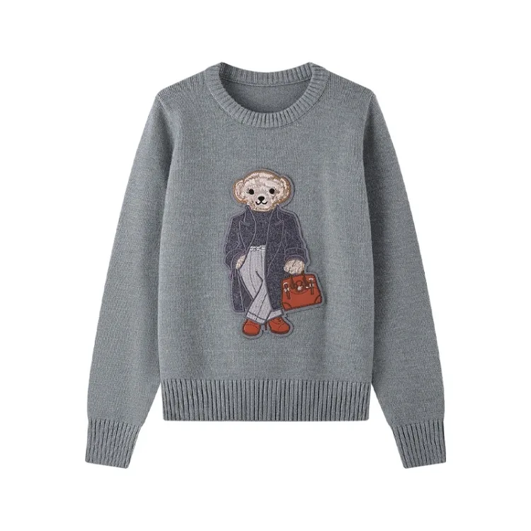 

New Cartoon Bear Embroidered Sweater Women Fashion O-neck Long Sleeve Casual Knitted Cashmere Pullover Top Knitwear Fall Winter