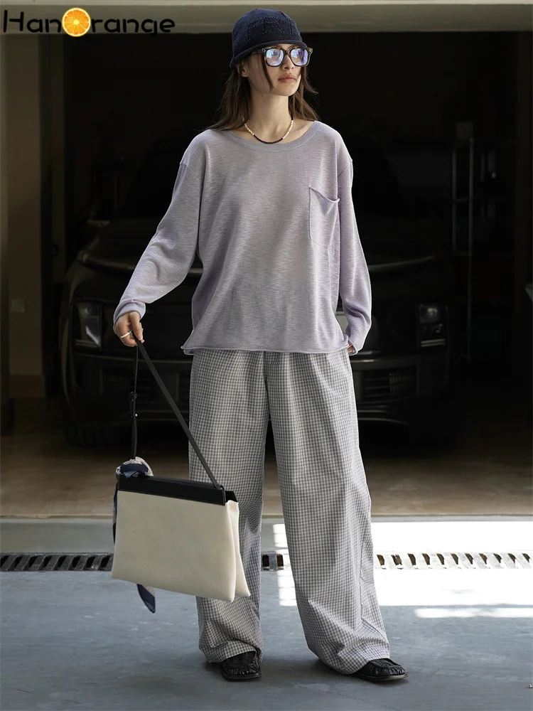 HanOrange 2025 début automne paresseux relaxant col rond tricoté pull femmes Silhouette décontracté haut en tricot gris/violet