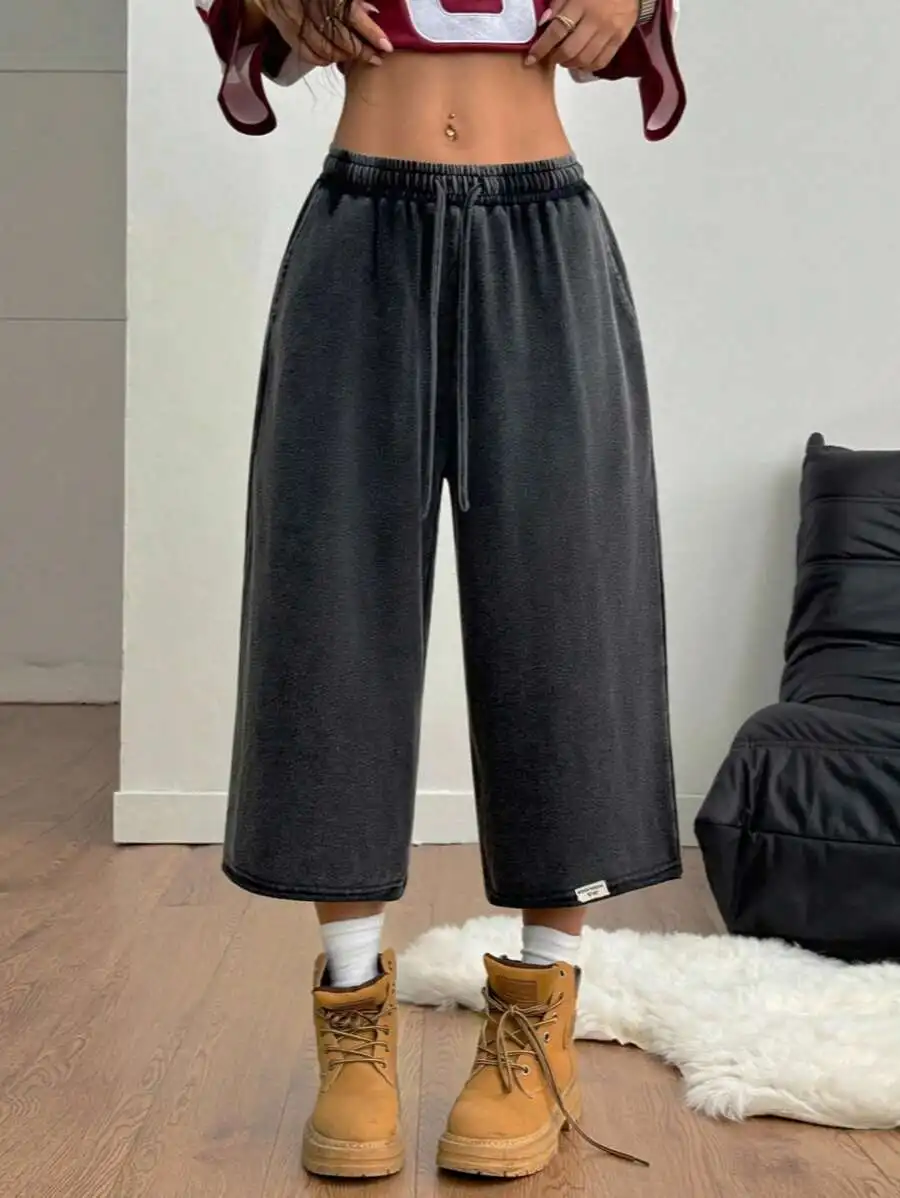 

Womens Baggy Capri Pants Elastic Waist Vintage Washed Streetwear Casual Summer