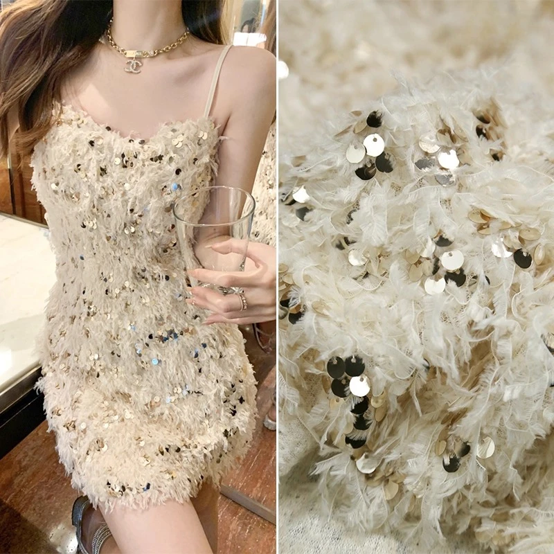 

Feather tassel sequin lace embroidery fabric jumpsuit, camisole dress, handmade DIY clothing, fashion fabric