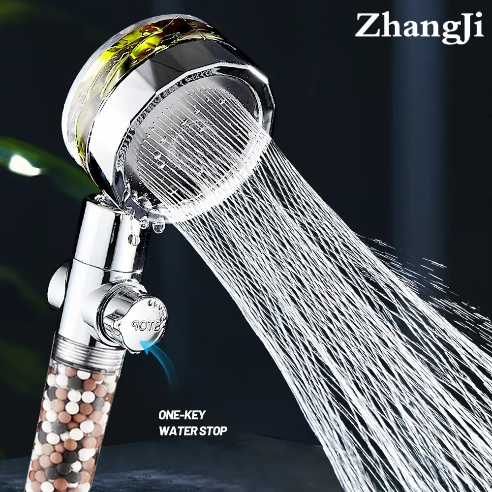 ZhangJi 2021 Filteration Shower Head with Propeller 360 Degree Rotating Water Saving SPA Anion Stone Spayer Bathroom Accessories