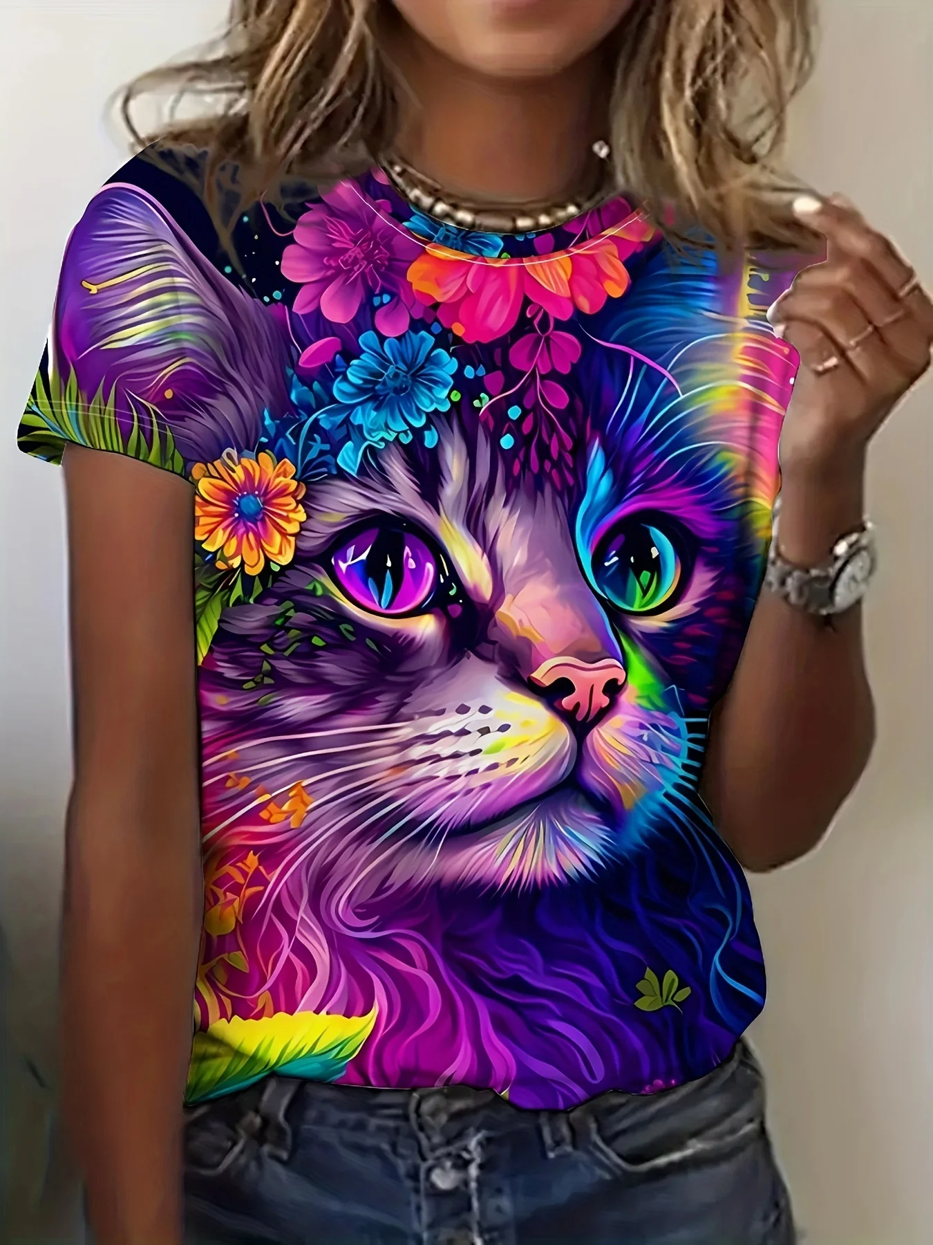 2026 Summer Fashion Rainbow Colored Cat Shaped Adult 3D Retro T-shirt Round Neck Children's Vacation Beach T-shirt Plus Size