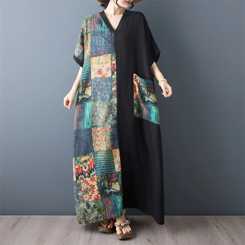

Summer New plus Size Long Dress V-Neck Short Sleeve Color Block Belly Cover Slimming Effect Black Maxi Dress Artistic Style C...